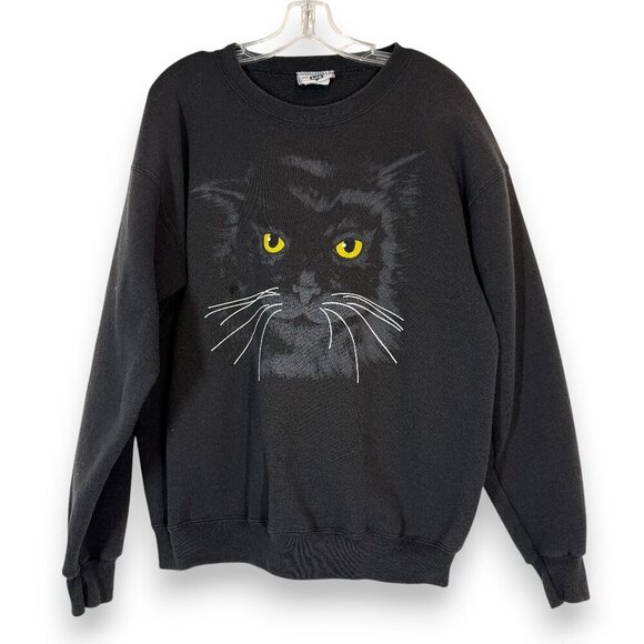 Vintage Black Cat Kitty Graphic Sweatshirt Halloween Large Made in USA - Picture 1 of 10